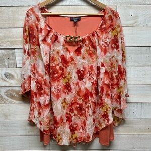 Cocomo Top Womens 2X Red Orange Floral Layered Overlay Gold Chain Stretch Blouse